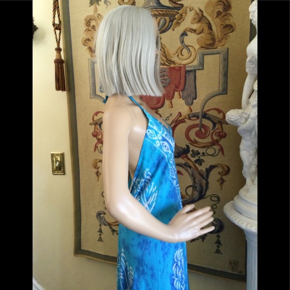 Bohemian Tie Dye Maxi Dress, Halter Backless, Asymmetrical Swim Cover Up Turq OS - Picture 12 of 16